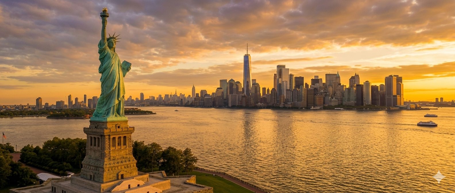 New York skyline at sunset with the Statue of Liberty
